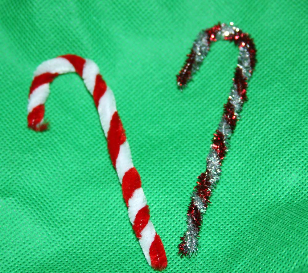 Candy cane ornaments made from chenille stems